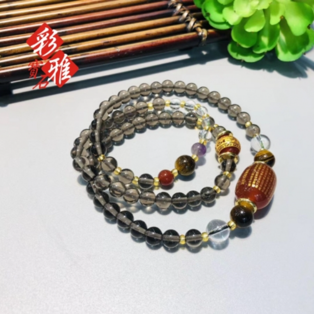 彩雅寶石精品 6mm天然冰晶黑曜石紅瑪瑙經文三圈手珠