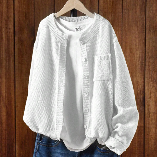 女裝春秋季寬鬆的釦領羊毛衫，單釦設計、落肩袖、長袖、口袋