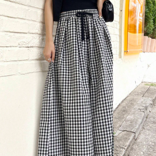 格子圖案腰部抽繩闊腿褲