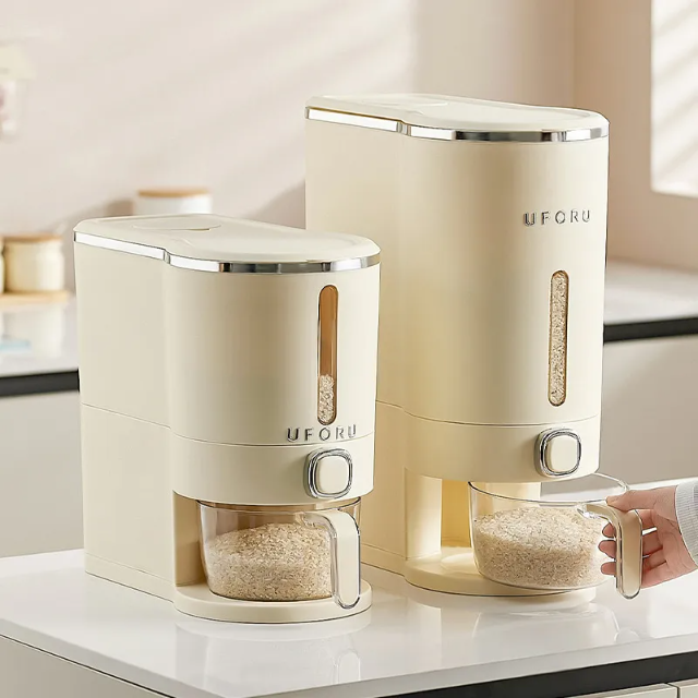 韓系大容量食品級防潮密封雜糧儲米桶 一鍵取米更方便 密封罐 乾糧收納罐 附贈專屬米杯【小號-5公斤】