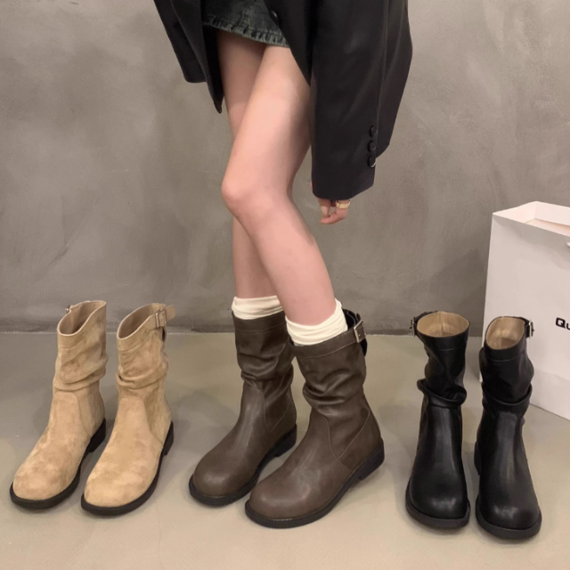 粗跟复古褶皺短靴 3色