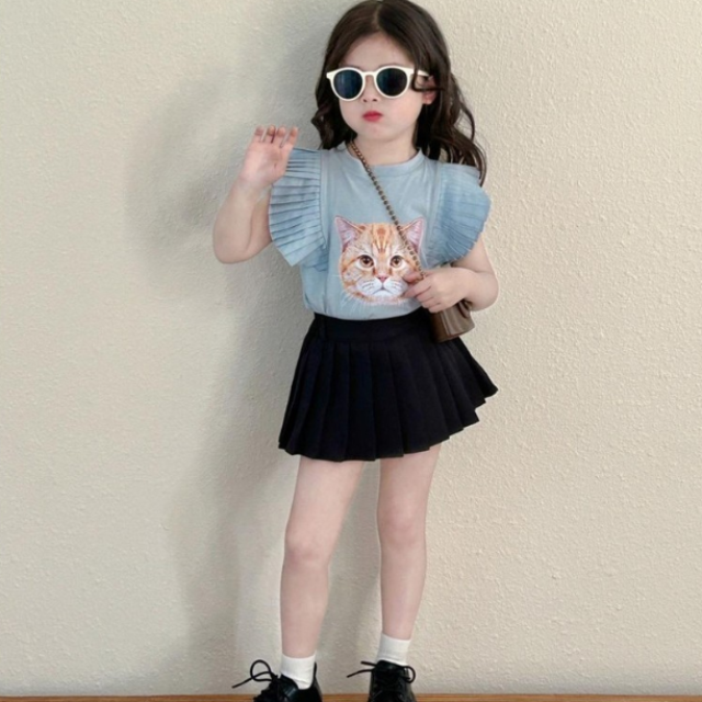 貓咪印花小飛袖T恤套裝
