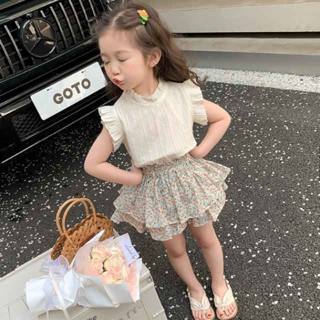 飛袖上衣甜美碎花花苞褲套裝（兩件套）