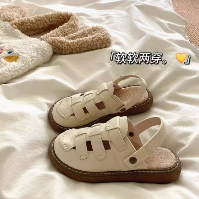 軟穿ins鏤空皮面涼鞋