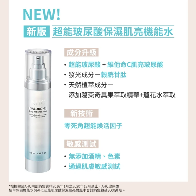 AHC 超能玻尿酸肌亮保濕機能水100ml 3入組(保濕化妝水 維他命C 穀胱甘肽)