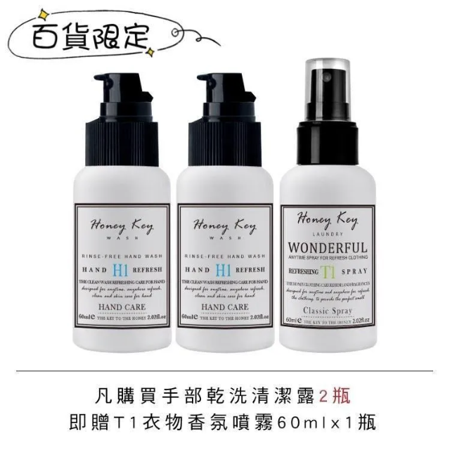 【Honey Key哈尼淇】手部乾洗清潔露60mlx2瓶贈T1衣物香氛噴霧60mlx1瓶