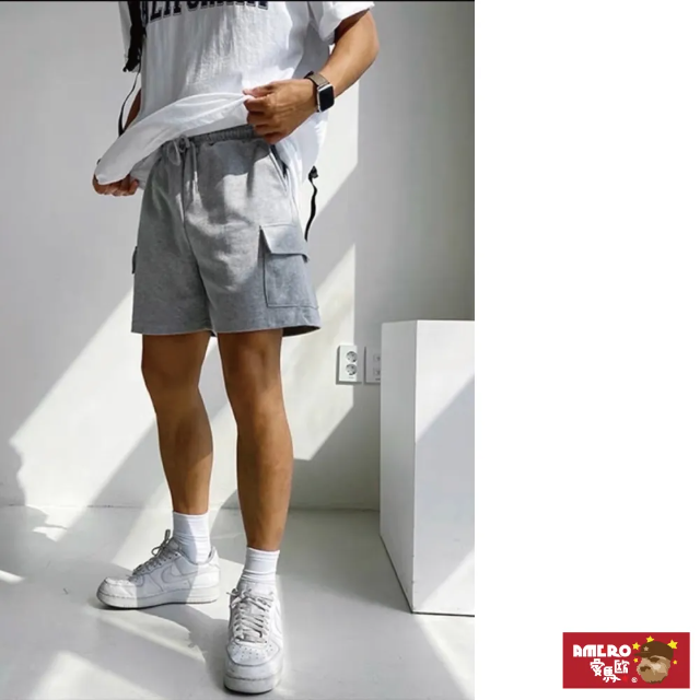 【AMERO】男裝 工裝棉短褲 側口袋 工裝 休閒褲 棉短褲 寬鬆