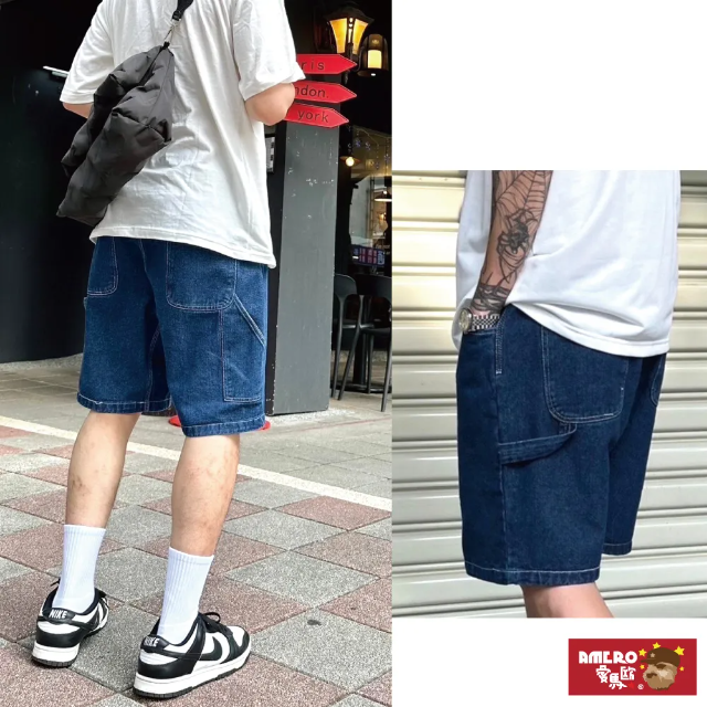 【AMERO】男裝 女裝 牛仔短褲 畫家口袋 休閒褲 短褲 寬鬆 情侶裝