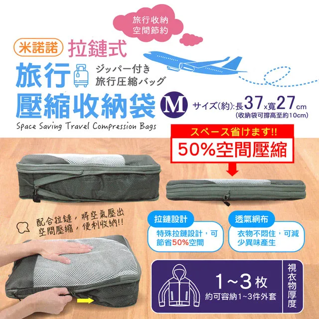 米諾諾 拉鍊式旅行壓縮收納袋-M-1入組 (37 X 27cm)