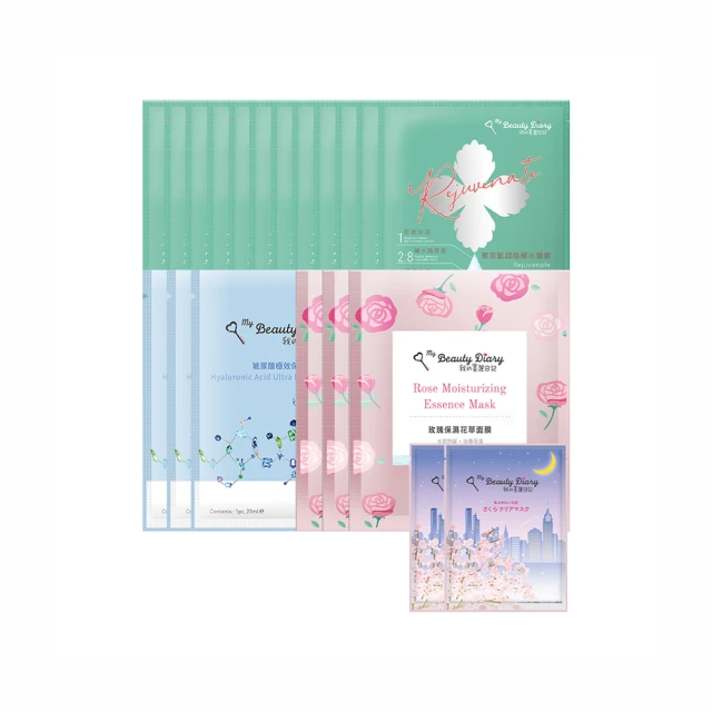 我的美麗日記 超能保濕花萃水嫩面膜18+2片組(玻尿酸3片+玫瑰花萃3片+蜜若藍12片+夜櫻2片)