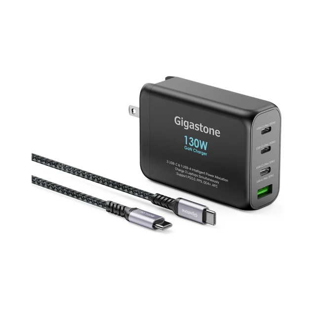 GIGASTONE 130W GaN氮化鎵四孔充電器黑+C to C 100W快充傳輸線