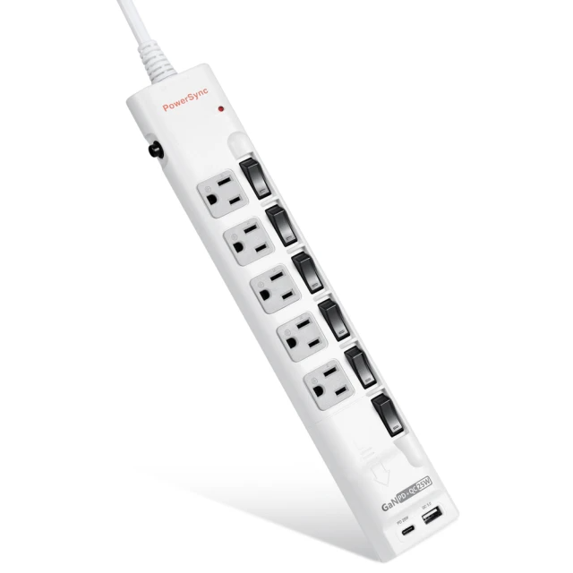 PowerSync -6開5插防雷擊 GaN PD快充 25W USB+Type C延長線/1.8m