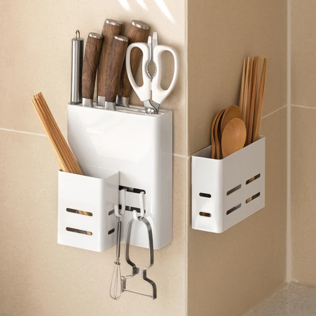 hoi! 好好生活 無附膠懶角落廚房壁掛置物架白色-刀架+筷子筒