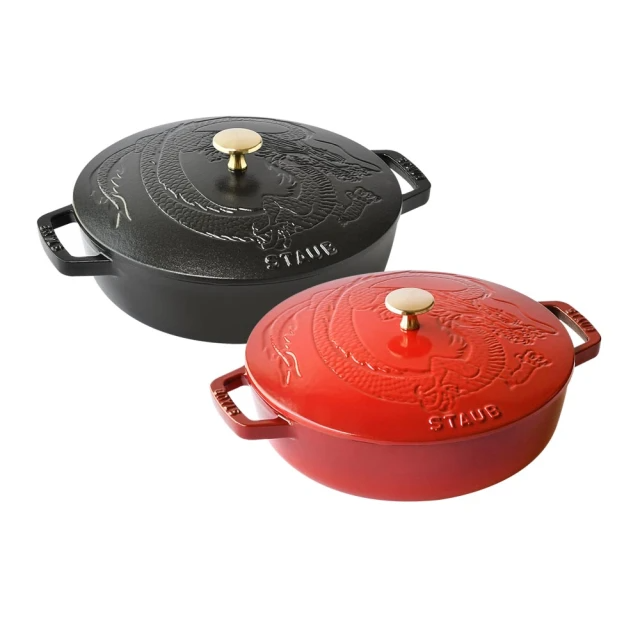 法國Staub 限定版龍造型琺瑯鑄鐵淺燉鍋24cm-黑色/紅色