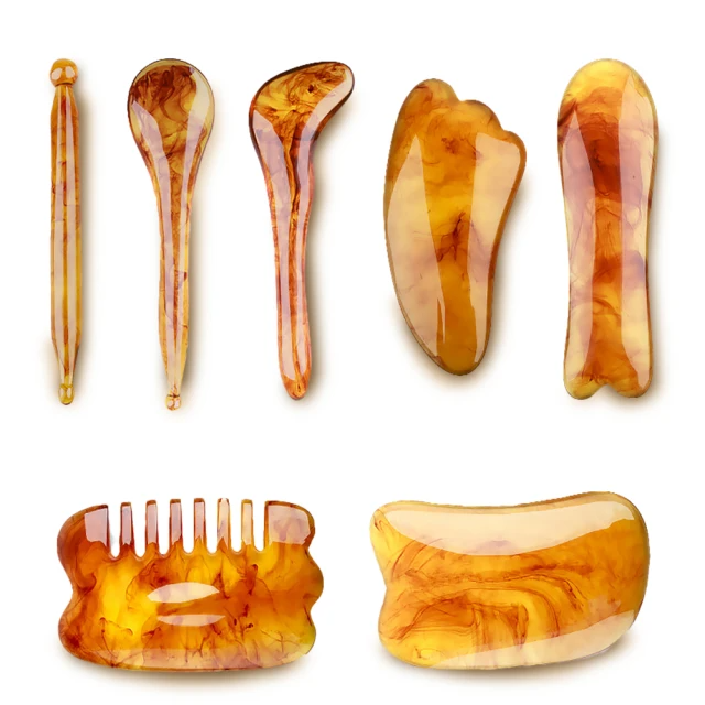 美容排毒 琥珀色天然樹脂刮痧7件套
