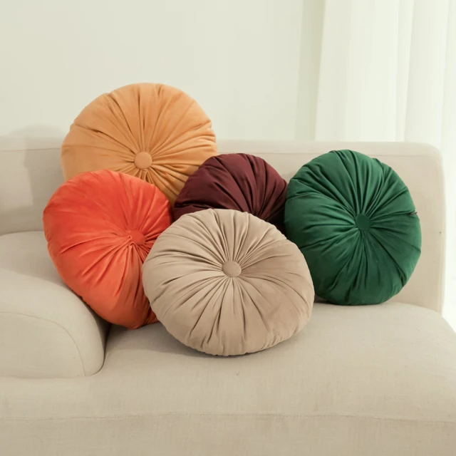 北歐風絨布單色圓形摺紋靠枕(3色任選)