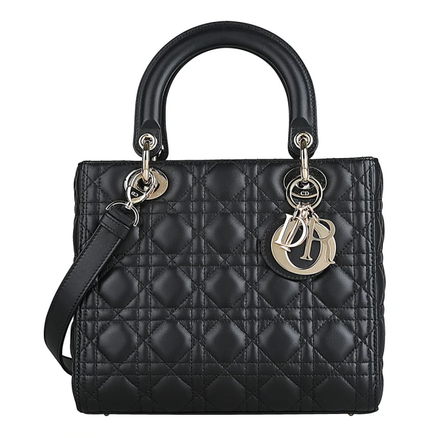 Dior 迪奧 經典Lady Dior淡金釦藤格紋絎縫小羊皮手提肩背斜背黛妃包