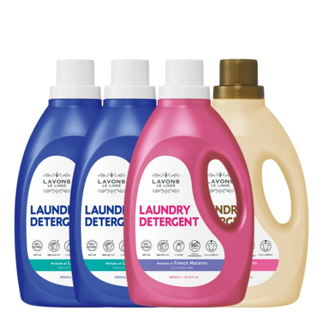 LAVONS 除菌去漬香氛洗衣精/蔚藍海岸*2/法式馬卡龍*1/氣泡香檳*1/1800mlx4入組