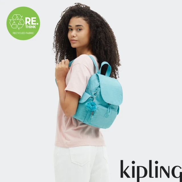 KIPLING『猴子包』質感湖水綠拉鍊掀蓋後背包-CITY PACK MINI
