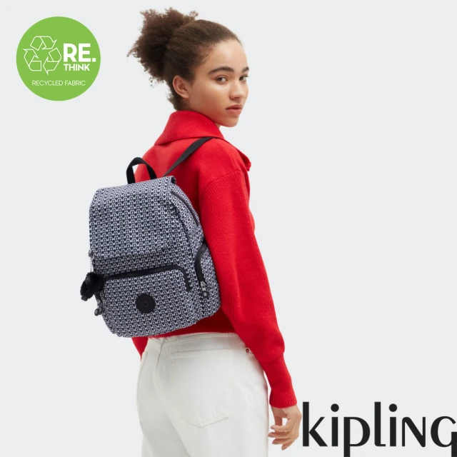 KIPLING『猴子包』經典老花掀蓋拉鍊後背包-CITY ZIP S