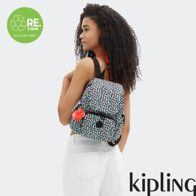 KIPLING『猴子包』黑綠抽象印花拉鍊掀蓋後背包-CITY PACK MINI