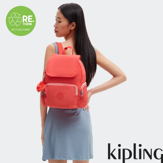 KIPLING『猴子包』活力珊瑚橘掀蓋拉鍊後背包-CITY ZIP S