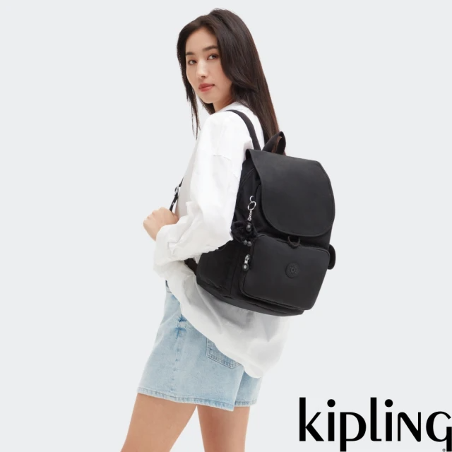 KIPLING『猴子包』曜岩黑品牌經典圓標拉鍊掀蓋後背包-CITY PACK