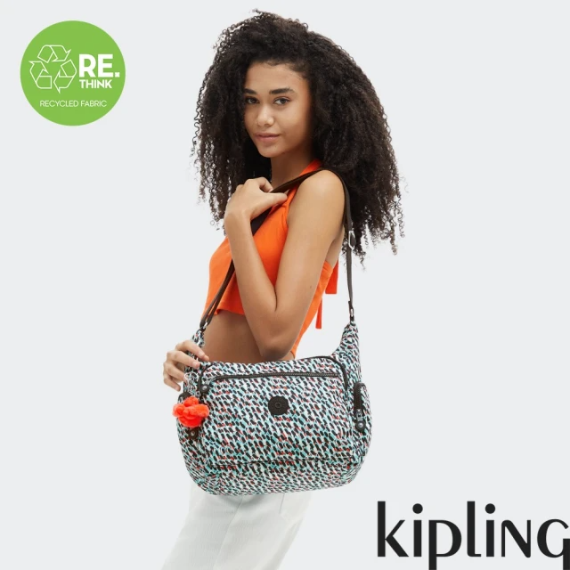 KIPLING『牛角包』黑綠抽象印花多袋實用側背包-GABBIE