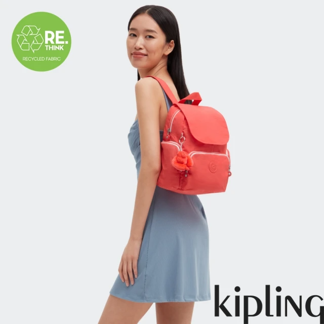 KIPLING『猴子包』活力珊瑚橘掀蓋拉鍊後背包-CITY ZIP MINI