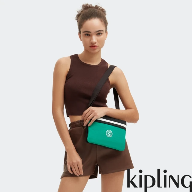KIPLING『千層包』黑綠撞色拼接單肩隨身斜背包-EASY RIRI L