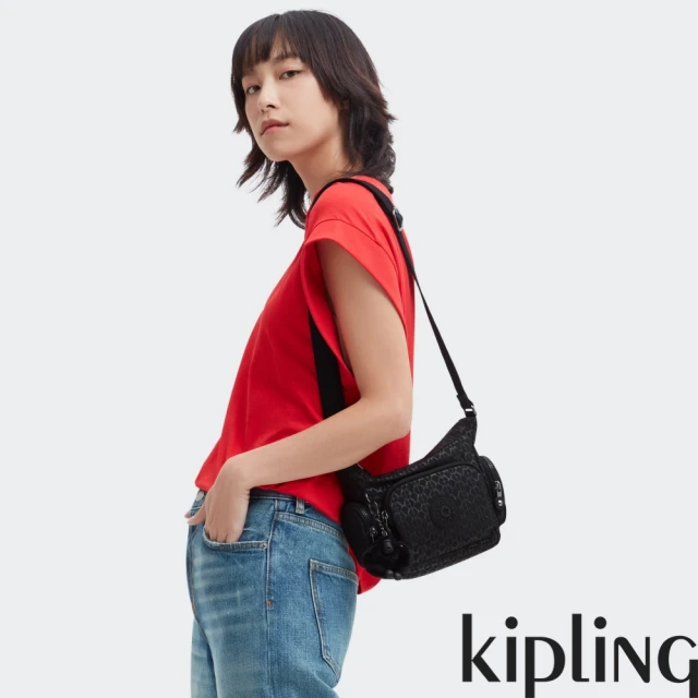 KIPLING『牛角包』經典黑菱格紋印花小巧多層側背包-GABBIE MINI