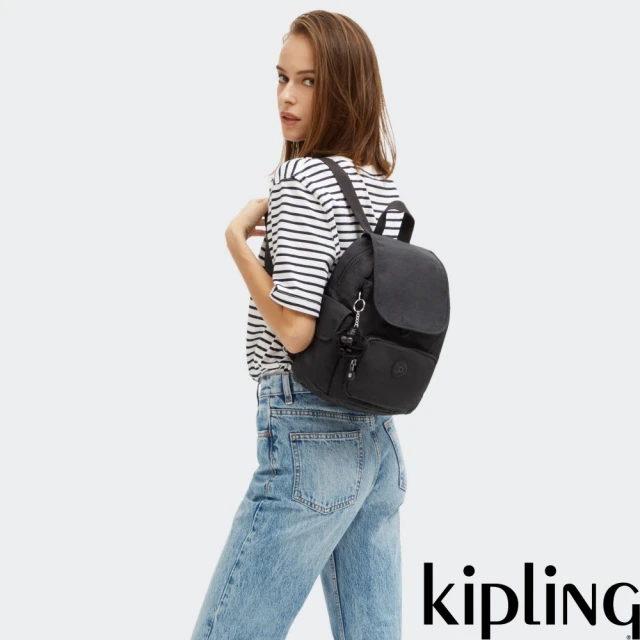 KIPLING『猴子包』曜岩黑品牌經典圓標拉鍊掀蓋後背包-CITY PACK MINI