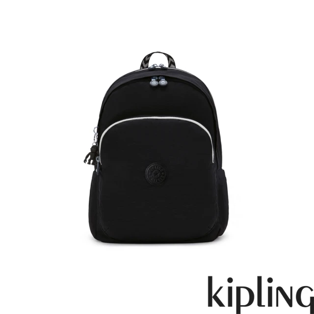 KIPLING 黑色人字纹拼接時尚拉鍊大開口後背包-DELIA M