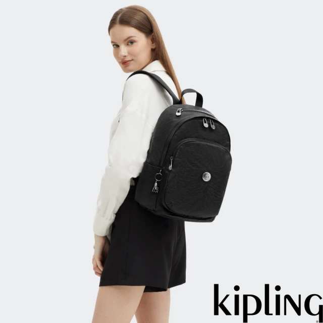 KIPLING 經典深黑提花上方拉鍊後背包-DELIA