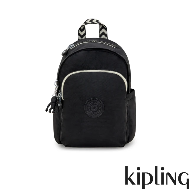 KIPLING 黑色人字纹拼接拉鍊式小巧收納後背包-DELIA MINI
