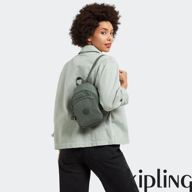 KIPLING 軍綠老花格紋休閒小後背包-NEW DELIA COMPACT