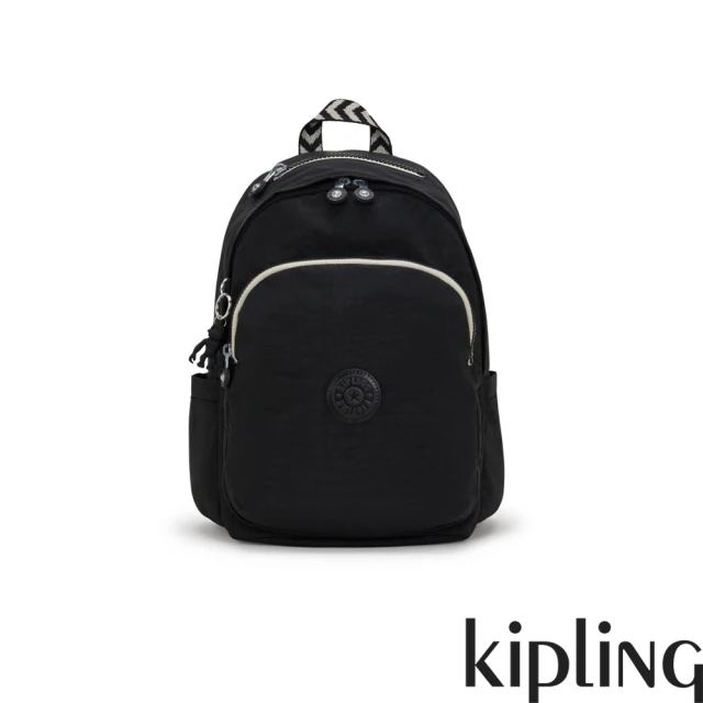 KIPLING 黑色人字纹拼接上方拉鍊後背包-DELIA