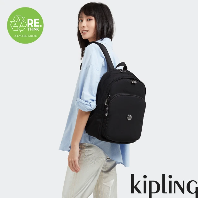KIPLING 經典百搭黑時尚拉鍊大開口後背包-DELIA M