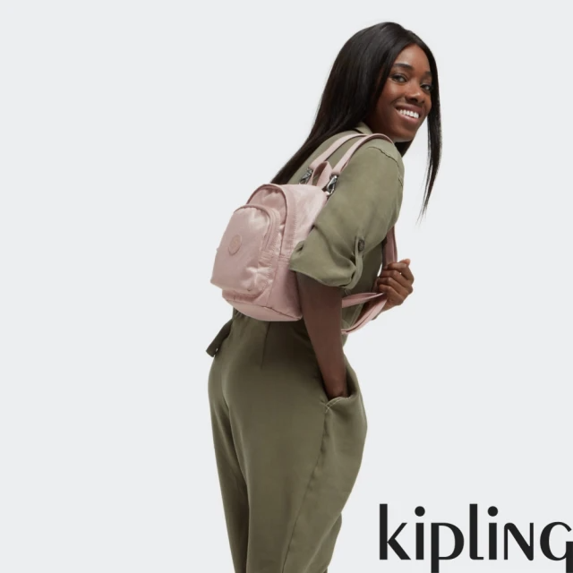 KIPLING 奶霜格壓紋櫻花粉休閒後背包-DELIA COMPACT