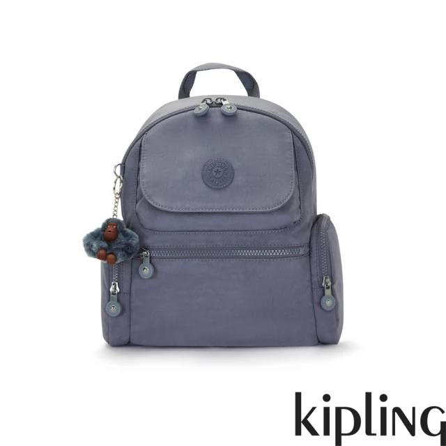 KIPLING 灰調寧靜藍多口袋拉鍊後背包-MATTA