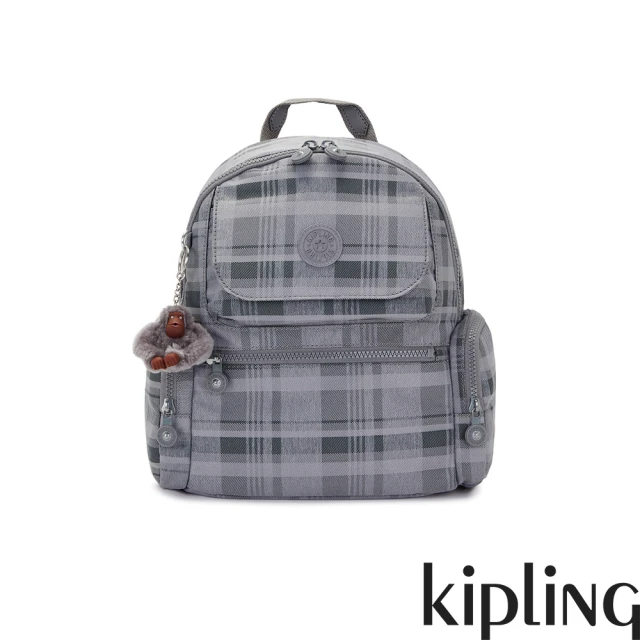 KIPLING 輕灰蘇格蘭紋多口袋拉鍊後背包-MATTA