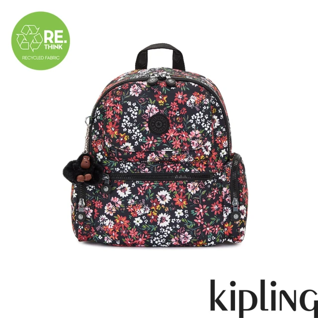 KIPLING 午夜百花意象印花多口袋拉鍊後背包-MATTA