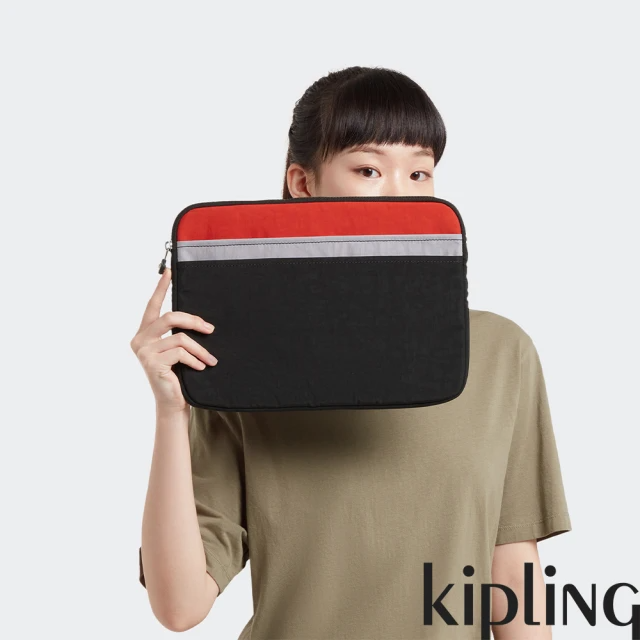 KIPLING 深灰拼接磚紅橘收納包-LAPTOP SLEEVE 13