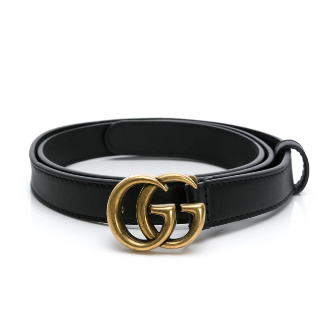 GUCCI  經典仿舊金色雙G LOGO滑面細版皮帶85cm(409417/寬2CM)