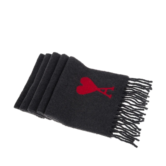 AMI PARIS 經典紅色大愛心LOGO羊絨流蘇圍巾(灰色)