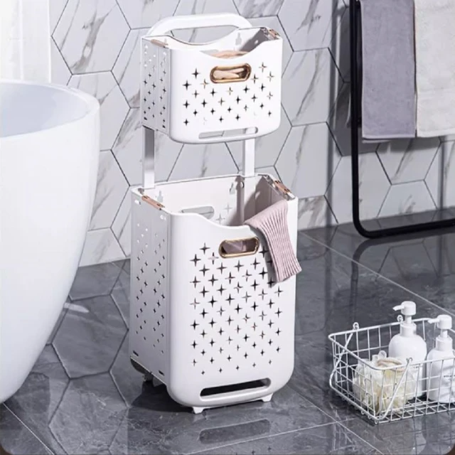 DaoDi 雙層折疊髒衣籃滑輪推車升級壁掛洗衣籃(附無痕貼)