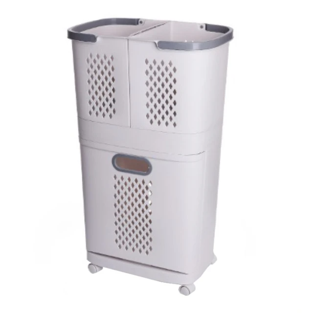 ONE HOUSE 韓式帶輪三層分類髒衣籃(灰白)