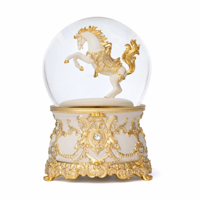 JARLL 讚爾藝術-馬到成功水晶球音樂盒(白金款)