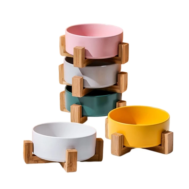 meekee 竹木架陶瓷寵物碗-中