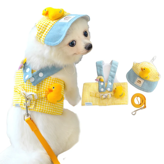 格紋鴨寵物衣服帽子牽引繩3件套